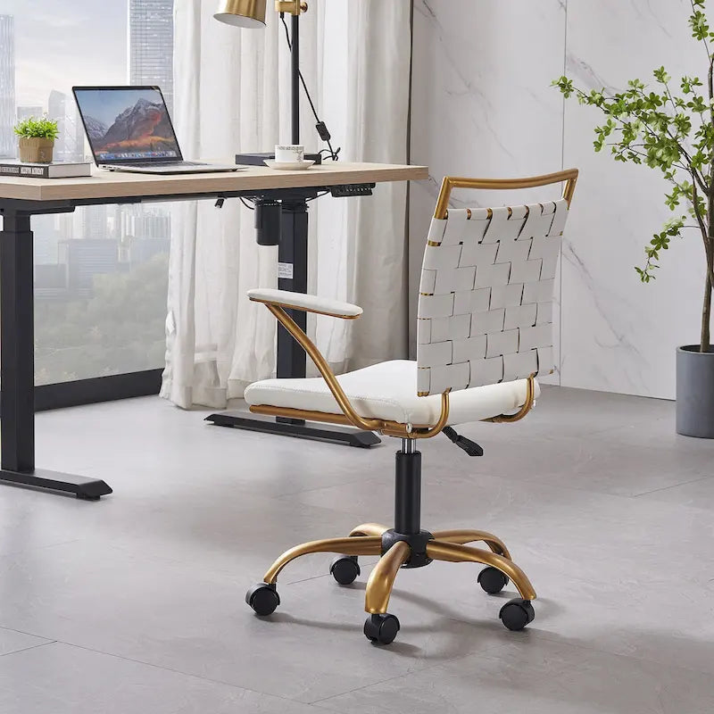Woven Faux Leather Office Chair with Gold Steel Frame Z-Shaped Arms and 360-Degree Swivel