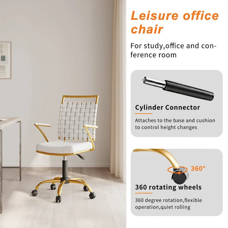 Woven Faux Leather Office Chair with Gold Steel Frame Z-Shaped Arms and 360-Degree Swivel