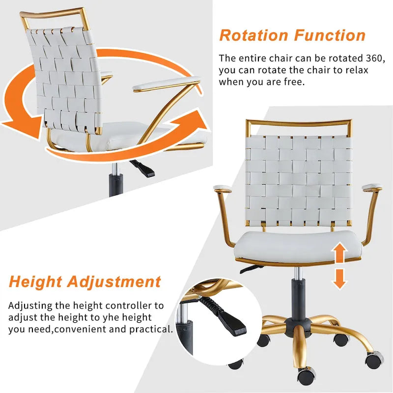 Woven Faux Leather Office Chair with Gold Steel Frame Z-Shaped Arms and 360-Degree Swivel