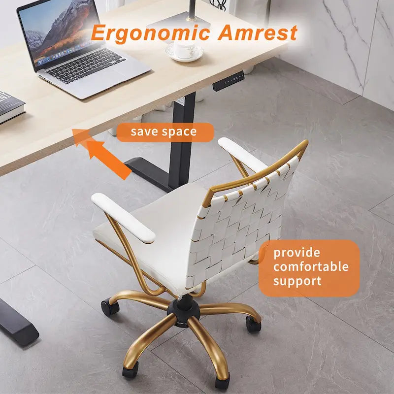 Woven Faux Leather Office Chair with Gold Steel Frame Z-Shaped Arms and 360-Degree Swivel