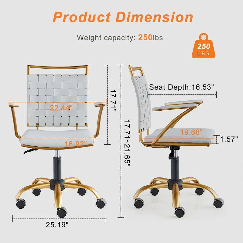 Woven Faux Leather Office Chair with Gold Steel Frame Z-Shaped Arms and 360-Degree Swivel