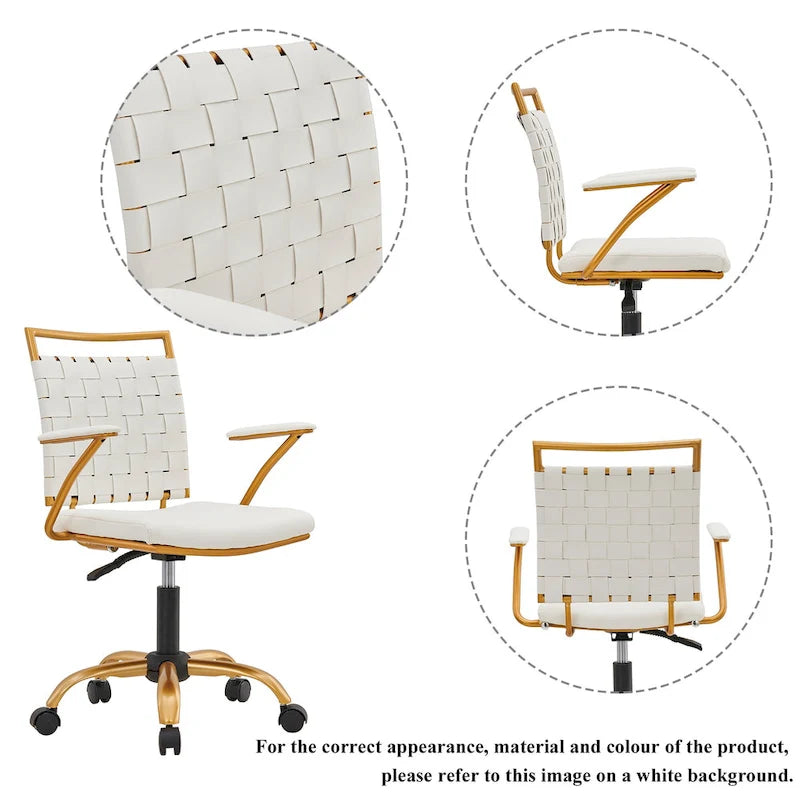 Woven Faux Leather Office Chair with Gold Steel Frame Z-Shaped Arms and 360-Degree Swivel
