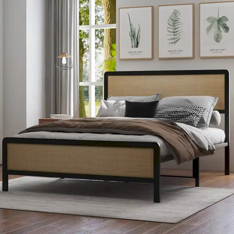 Boho Platform Bed Frame with Natural Rattan Headboard Footboard and Metal Frame