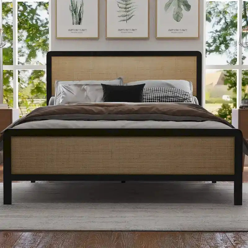 Boho Platform Bed Frame with Natural Rattan Headboard Footboard and Metal Frame
