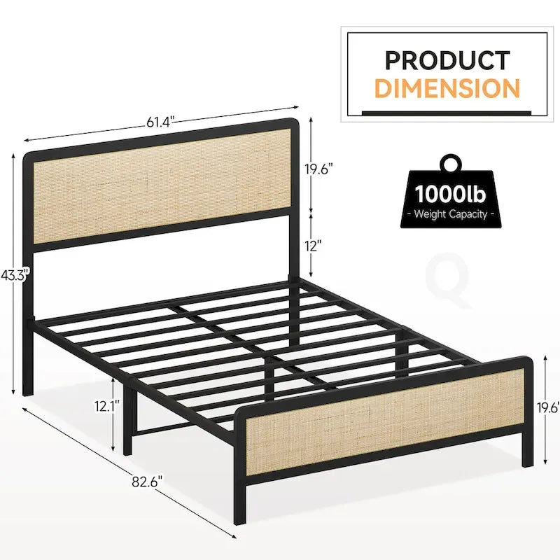 Boho Platform Bed Frame with Natural Rattan Headboard Footboard and Metal Frame