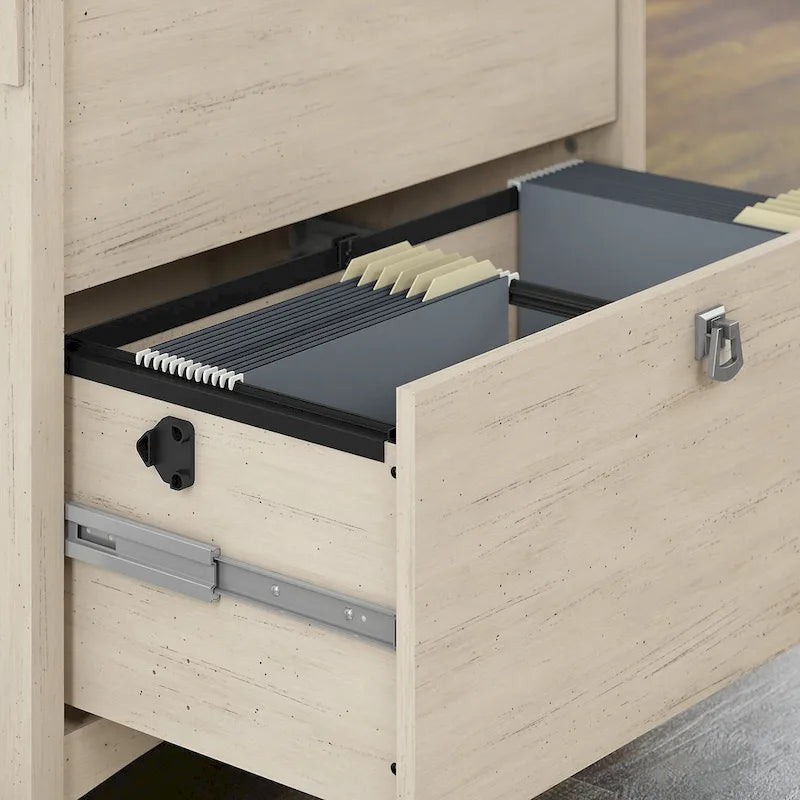 2-Drawer Lateral File Cabinet in Distressed Antique White with Tapered Legs and Ball-Bearing Slides