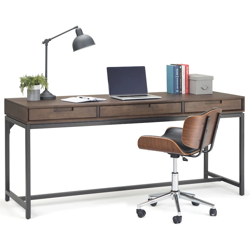 72 Inch Wide Industrial Solid Wood Executive Desk with 3 Drawers and Blackened Metal Base