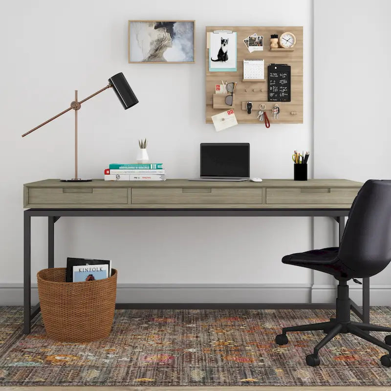 72 Inch Wide Industrial Solid Wood Executive Desk with 3 Drawers and Blackened Metal Base