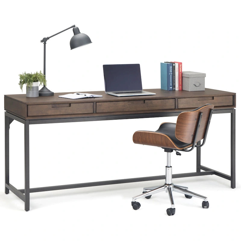 72 Inch Wide Industrial Solid Wood Executive Desk with 3 Drawers and Blackened Metal Base
