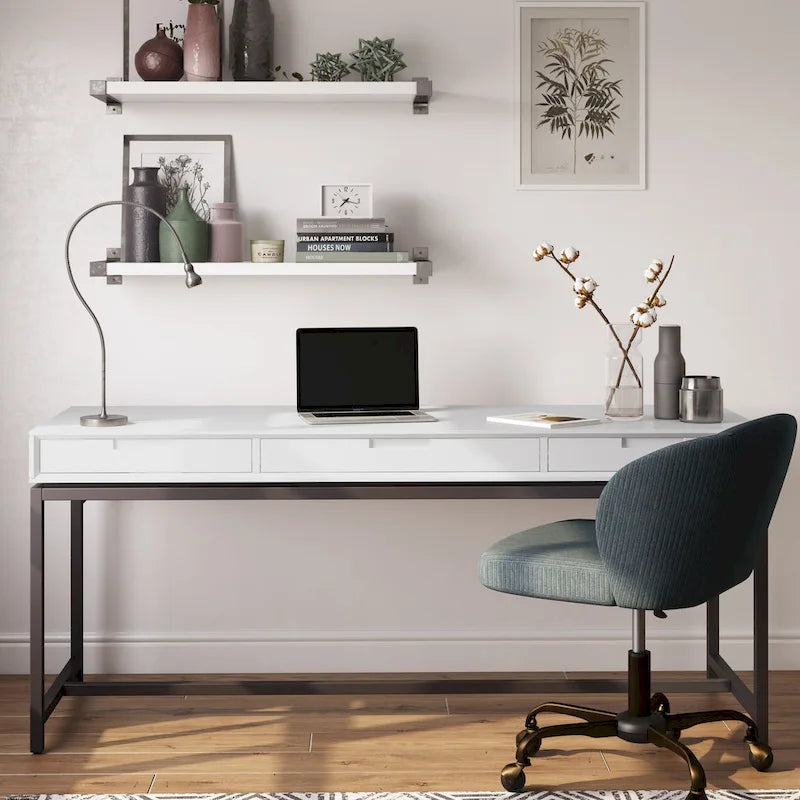 72 Inch Wide Industrial Solid Wood Executive Desk with 3 Drawers and Blackened Metal Base