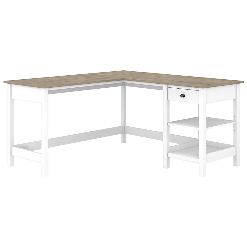60 Inch L-Shaped Computer Desk with Storage Shelves and Drawer Modern Farmhouse Style Corner Desk