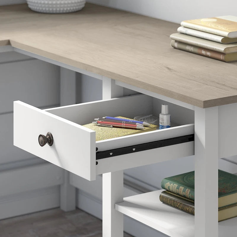 60 Inch L-Shaped Computer Desk with Storage Shelves and Drawer Modern Farmhouse Style Corner Desk