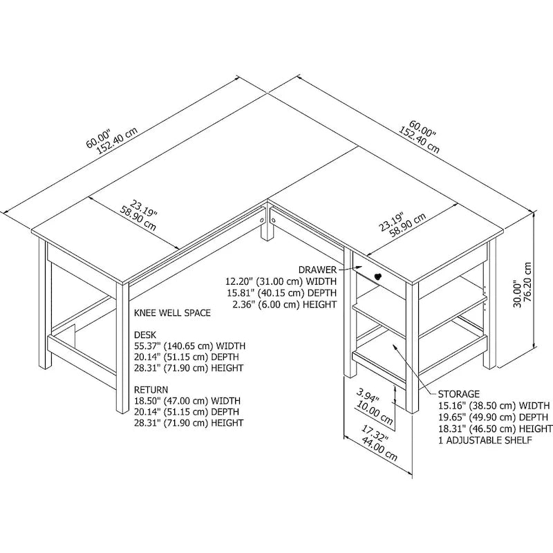 60 Inch L-Shaped Computer Desk with Storage Shelves and Drawer Modern Farmhouse Style Corner Desk