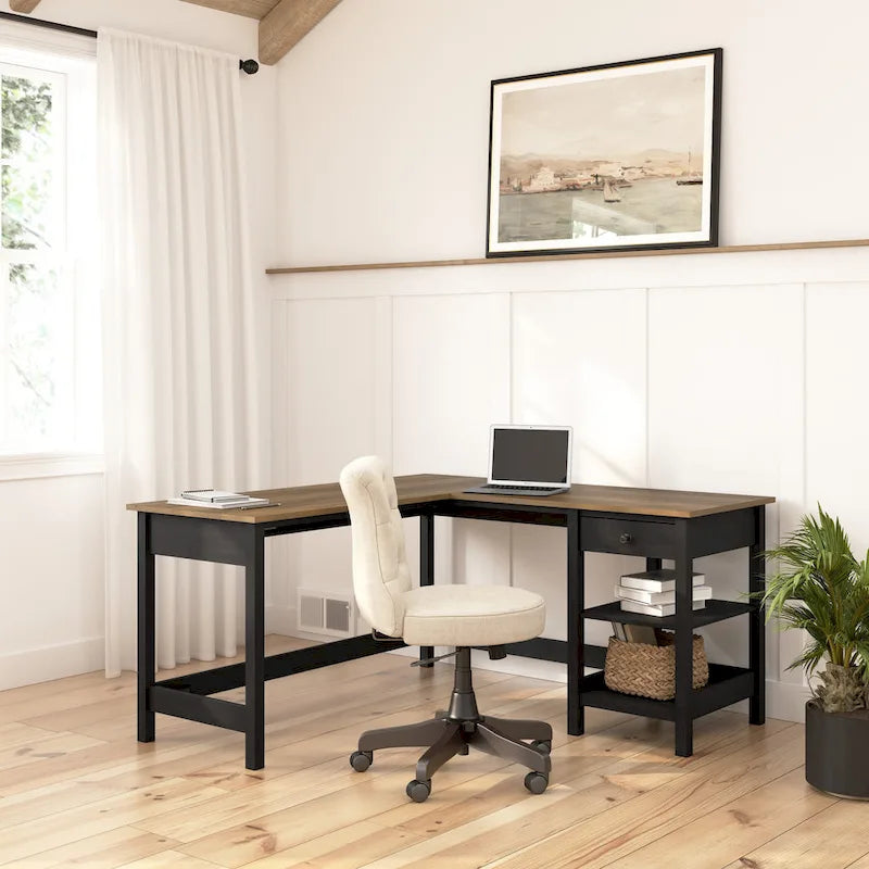 60 Inch L-Shaped Computer Desk with Storage Shelves and Drawer Modern Farmhouse Style Corner Desk