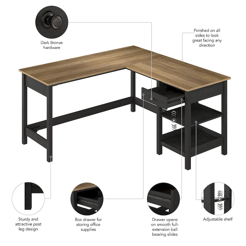 60 Inch L-Shaped Computer Desk with Storage Shelves and Drawer Modern Farmhouse Style Corner Desk