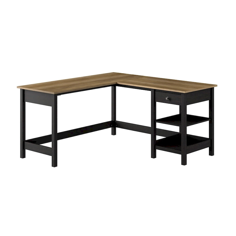 60 Inch L-Shaped Computer Desk with Storage Shelves and Drawer Modern Farmhouse Style Corner Desk