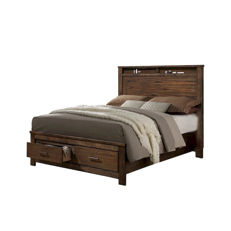 Oak Finish Wood Bed Frame with Bookcase Headboard and 2 Foot-End Storage Drawers in Queen King or Cal King