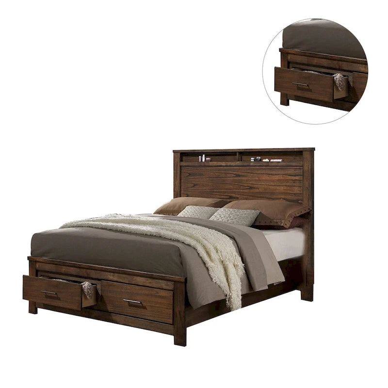 Oak Finish Wood Bed Frame with Bookcase Headboard and 2 Foot-End Storage Drawers in Queen King or Cal King
