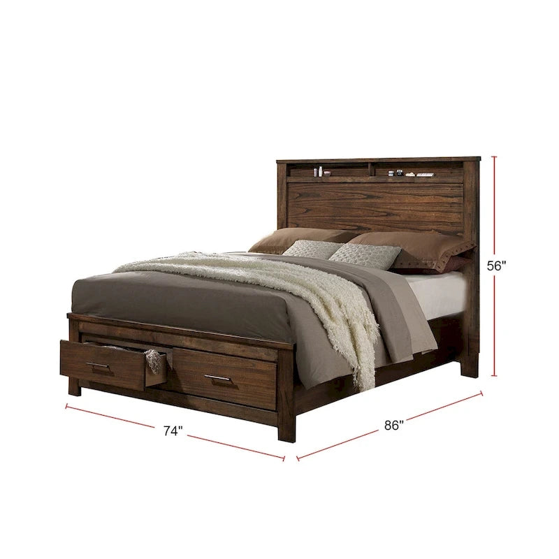 Oak Finish Wood Bed Frame with Bookcase Headboard and 2 Foot-End Storage Drawers in Queen King or Cal King