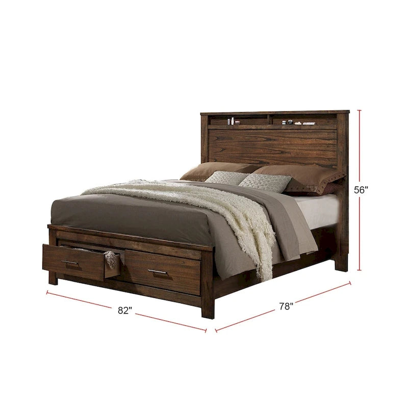 Oak Finish Wood Bed Frame with Bookcase Headboard and 2 Foot-End Storage Drawers in Queen King or Cal King