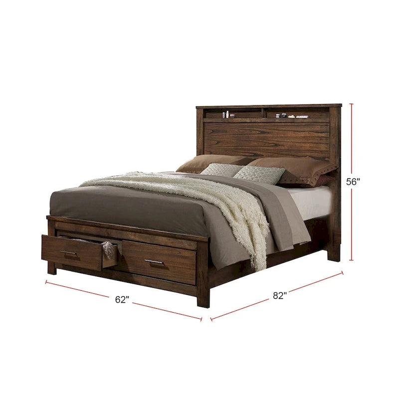 Oak Finish Wood Bed Frame with Bookcase Headboard and 2 Foot-End Storage Drawers in Queen King or Cal King