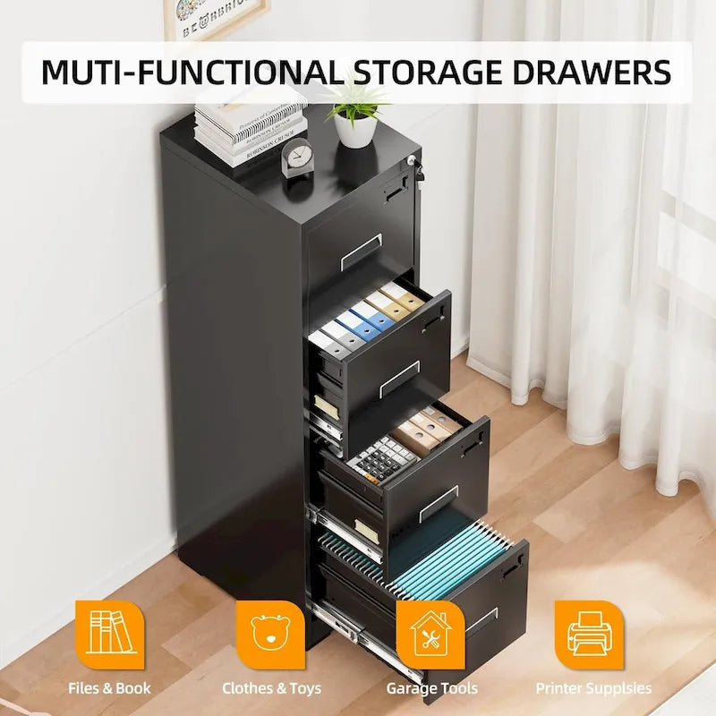 4-Drawer Vertical Metal Locking File Cabinet with Adjustable Hanging Rails 18 Inch Deep