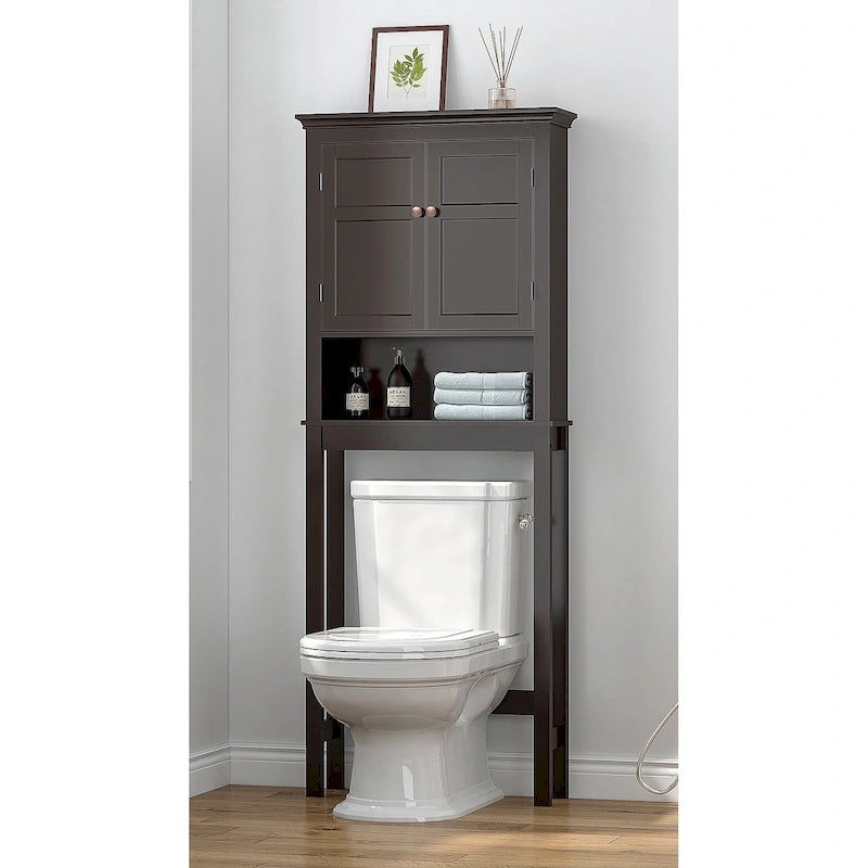 Over-the-Toilet Bathroom Storage Cabinet with Double Doors Adjustable Shelf and Anti-Tip Device