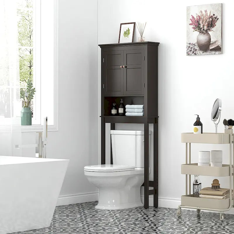 Over-the-Toilet Bathroom Storage Cabinet with Double Doors Adjustable Shelf and Anti-Tip Device