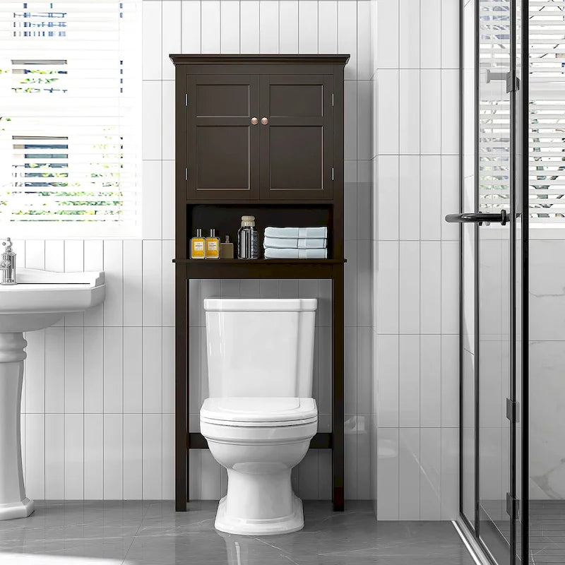 Over-the-Toilet Bathroom Storage Cabinet with Double Doors Adjustable Shelf and Anti-Tip Device