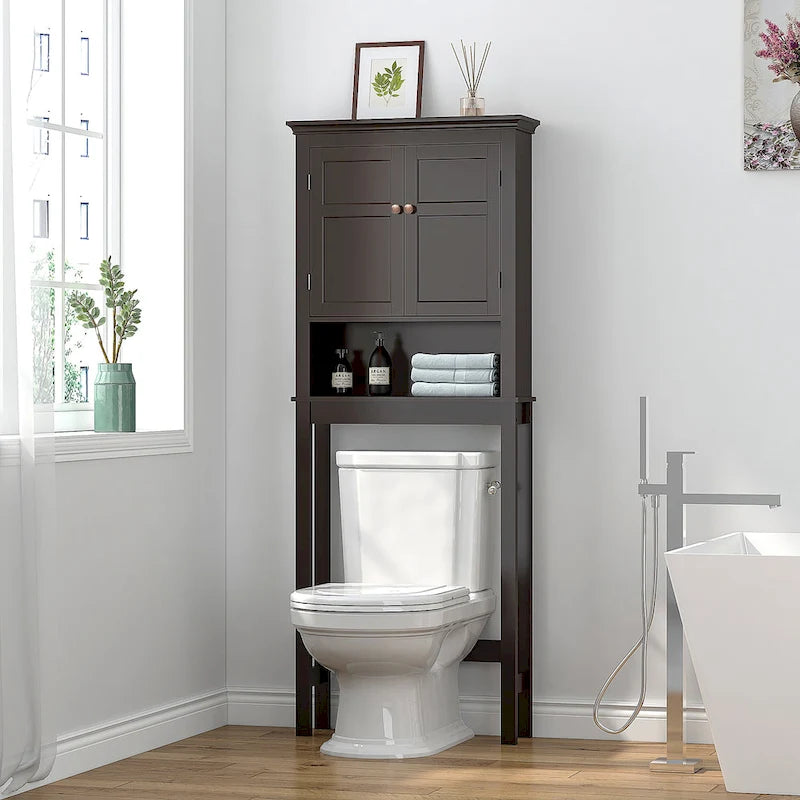 Over-the-Toilet Bathroom Storage Cabinet with Double Doors Adjustable Shelf and Anti-Tip Device