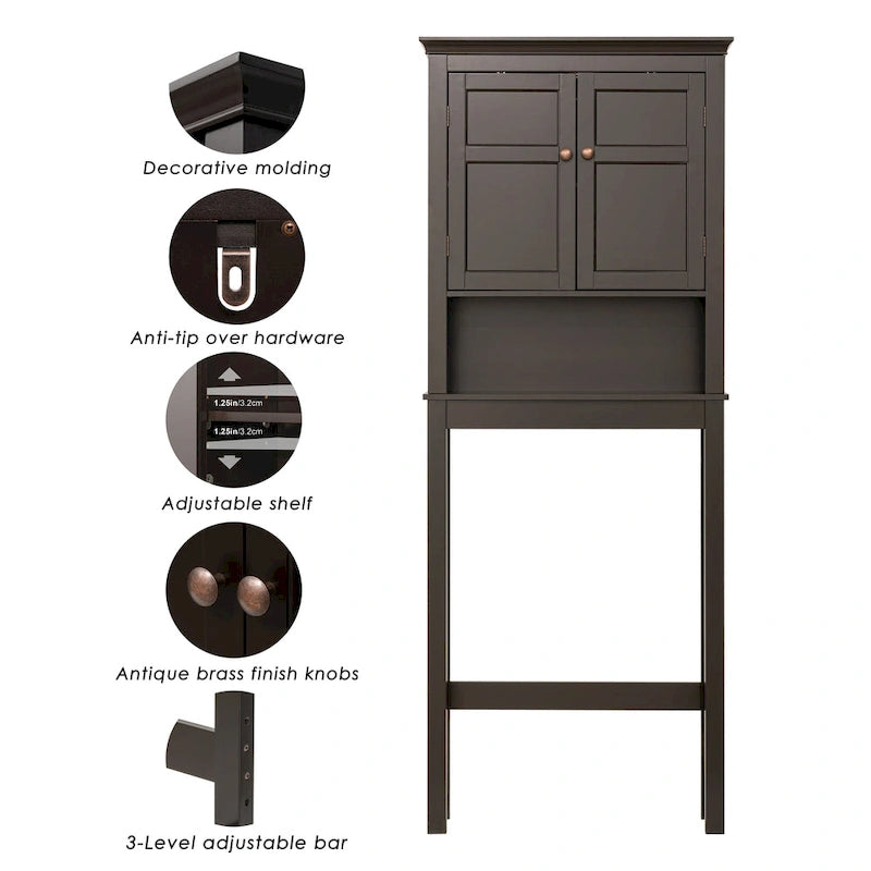 Over-the-Toilet Bathroom Storage Cabinet with Double Doors Adjustable Shelf and Anti-Tip Device
