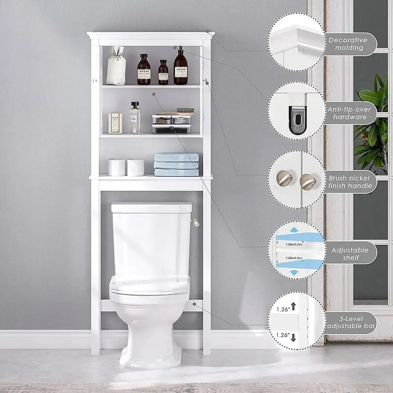 Over-the-Toilet Bathroom Storage Cabinet with Double Doors Adjustable Shelf and Anti-Tip Device