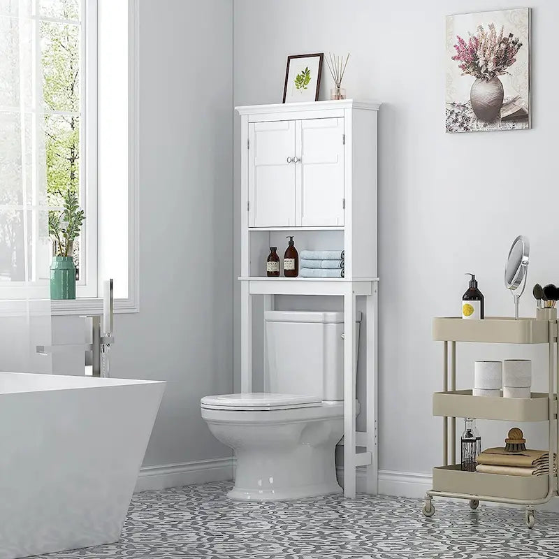 Over-the-Toilet Bathroom Storage Cabinet with Double Doors Adjustable Shelf and Anti-Tip Device
