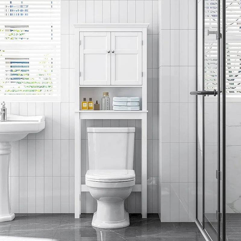 Over-the-Toilet Bathroom Storage Cabinet with Double Doors Adjustable Shelf and Anti-Tip Device