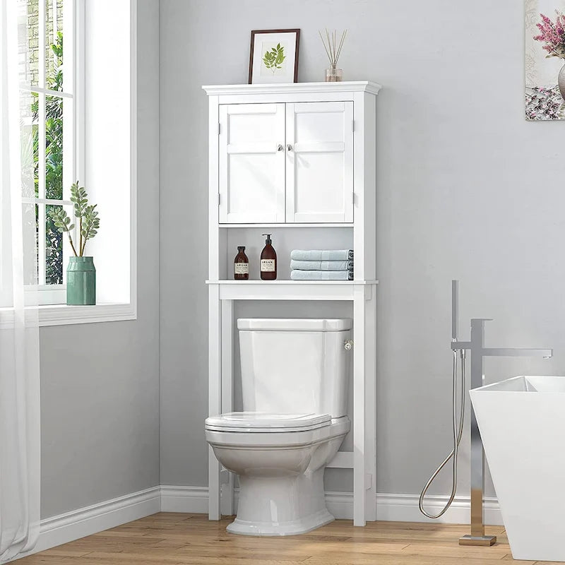 Over-the-Toilet Bathroom Storage Cabinet with Double Doors Adjustable Shelf and Anti-Tip Device