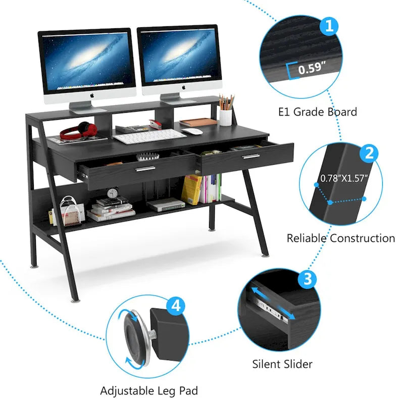 47 Inch Home Office Computer Desk with Monitor Riser Dual Drawers and Storage Shelves