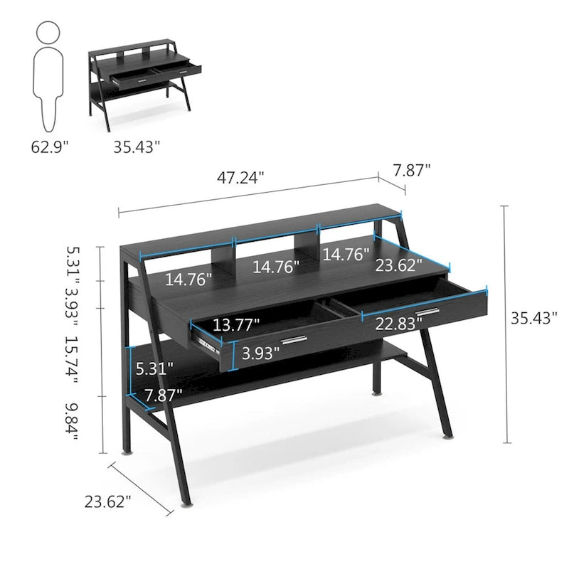 47 Inch Home Office Computer Desk with Monitor Riser Dual Drawers and Storage Shelves