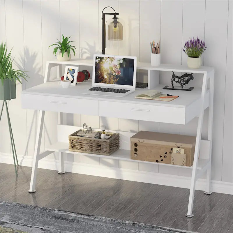 47 Inch Home Office Computer Desk with Monitor Riser Dual Drawers and Storage Shelves