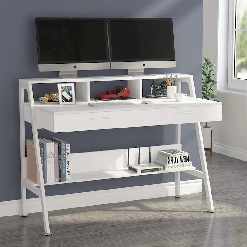 47 Inch Home Office Computer Desk with Monitor Riser Dual Drawers and Storage Shelves