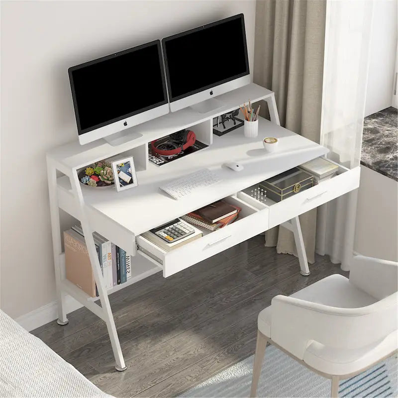 47 Inch Home Office Computer Desk with Monitor Riser Dual Drawers and Storage Shelves