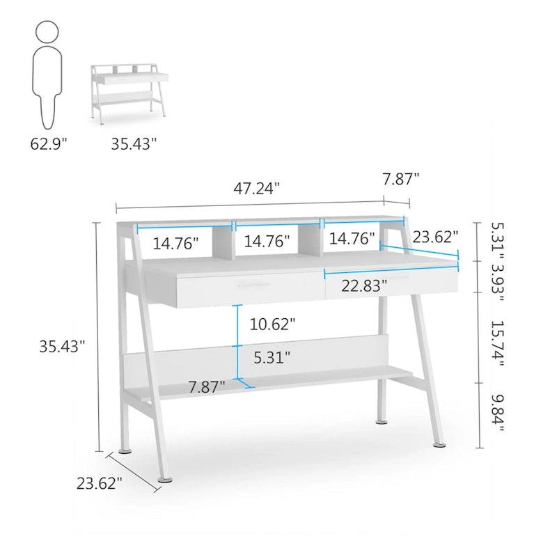 47 Inch Home Office Computer Desk with Monitor Riser Dual Drawers and Storage Shelves