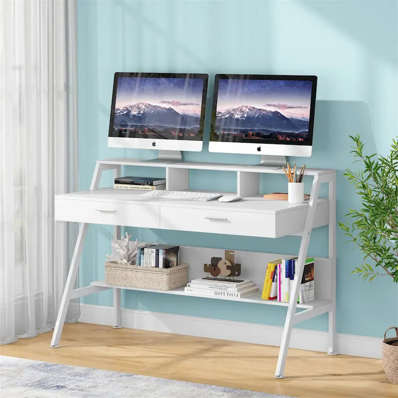 47 Inch Home Office Computer Desk with Monitor Riser Dual Drawers and Storage Shelves
