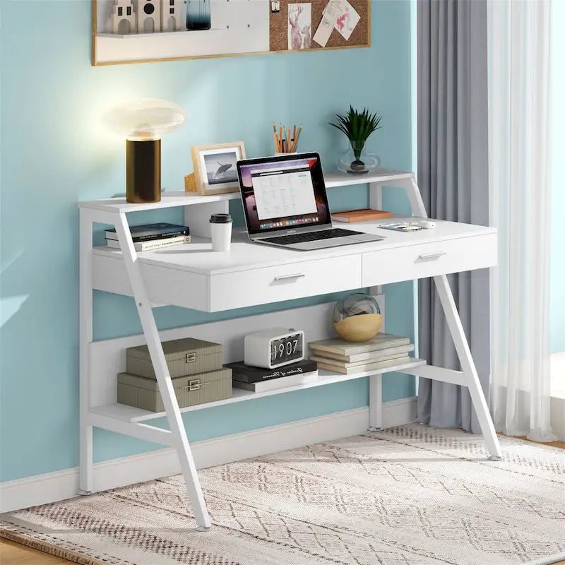 47 Inch Home Office Computer Desk with Monitor Riser Dual Drawers and Storage Shelves