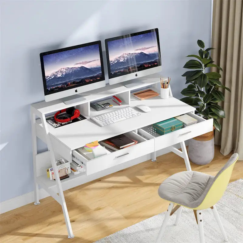 47 Inch Home Office Computer Desk with Monitor Riser Dual Drawers and Storage Shelves