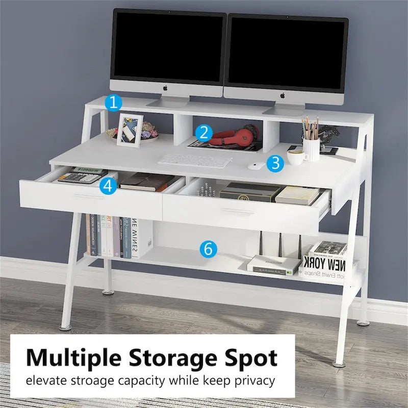47 Inch Home Office Computer Desk with Monitor Riser Dual Drawers and Storage Shelves