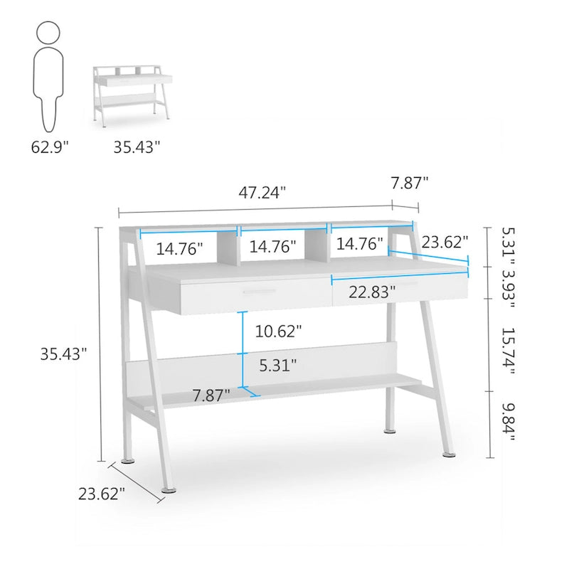 47 Inch Home Office Computer Desk with Monitor Riser Dual Drawers and Storage Shelves