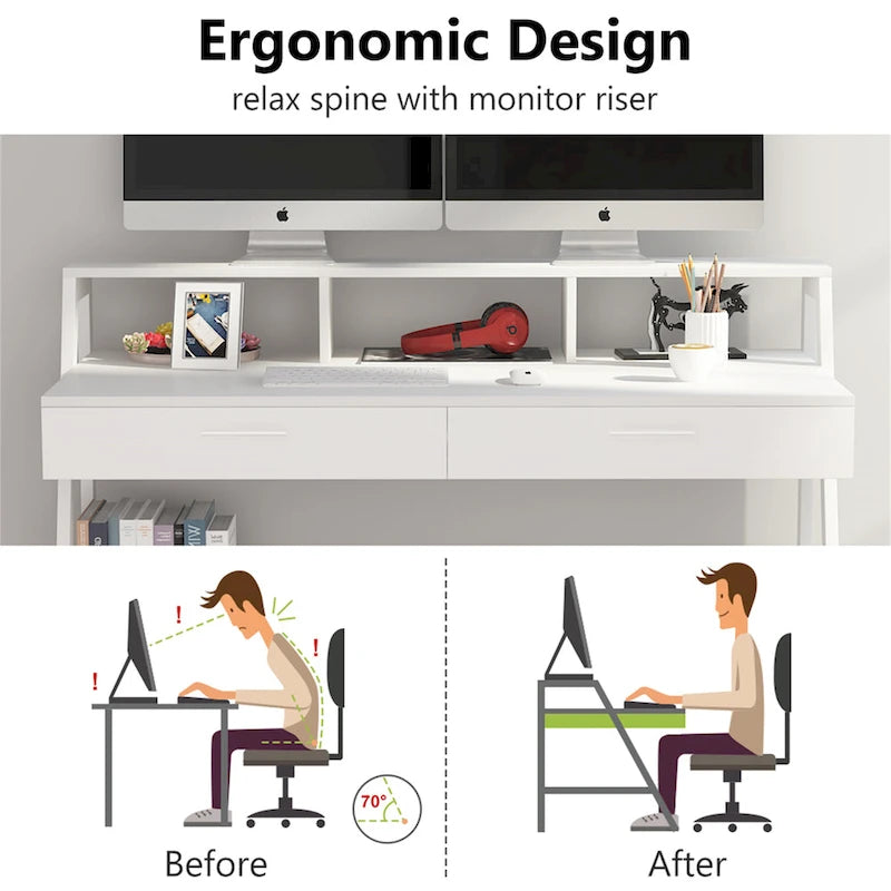 47 Inch Home Office Computer Desk with Monitor Riser Dual Drawers and Storage Shelves