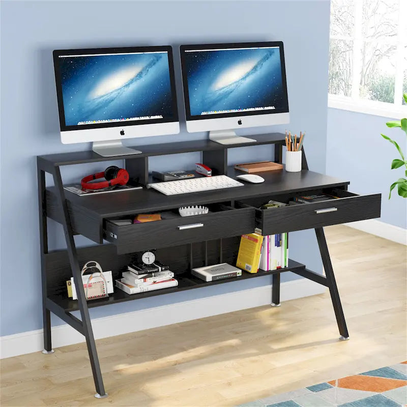 47 Inch Home Office Computer Desk with Monitor Riser Dual Drawers and Storage Shelves