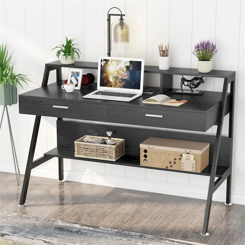 47 Inch Home Office Computer Desk with Monitor Riser Dual Drawers and Storage Shelves