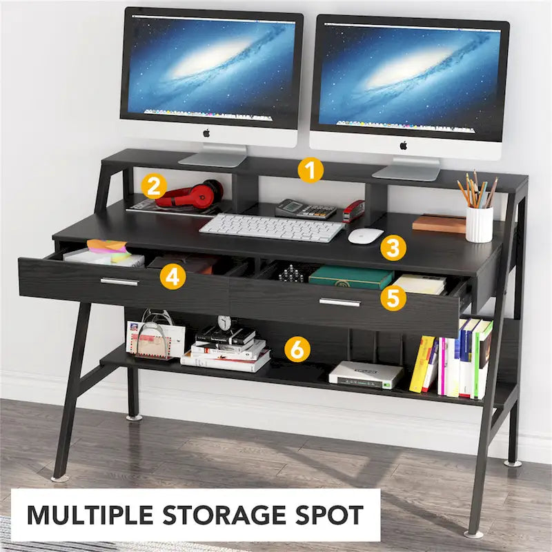 47 Inch Home Office Computer Desk with Monitor Riser Dual Drawers and Storage Shelves